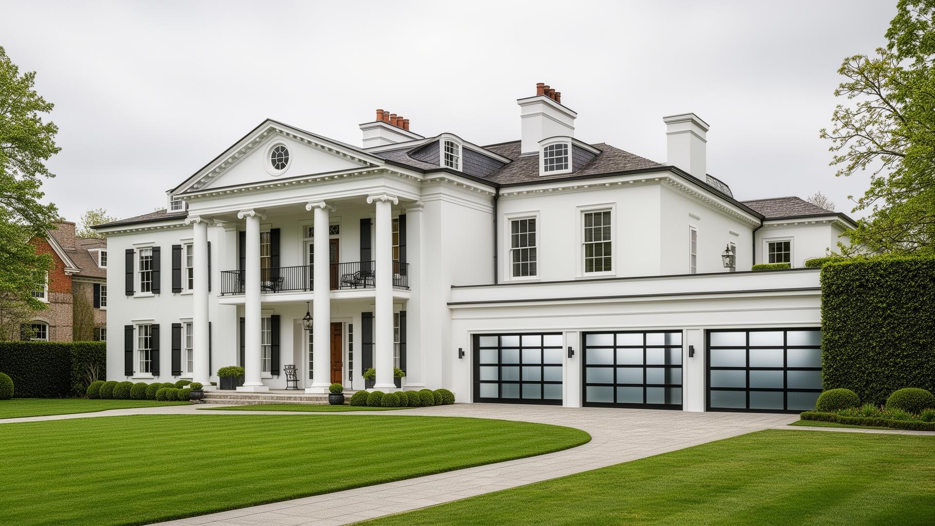 Premium ultra-modern glass and aluminum garage doors on Georgian mansion